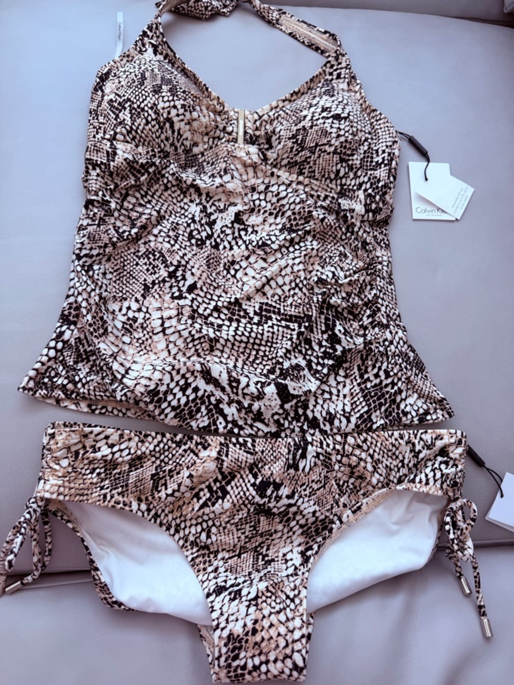 Calvin Klein Snake-Print Tankini in Beige and Black 2 pc set size Medium NEW